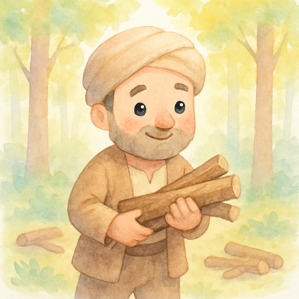 알리바바가 숲에서 나무를 모으는 평화로운 장면